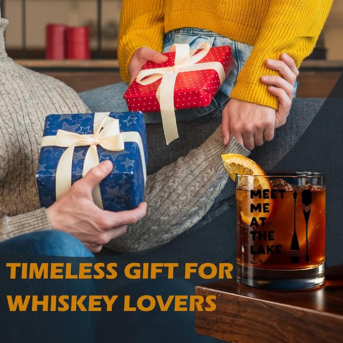 kunlisa Lake Lovers Gifts Whiskey Glasses, Lake House Decor and Gifts, Meet Me at the Lakes 10 oz Drinking Rocks Glasses for Women Men Whisky Cocktail Scotch Bourbon Liquor