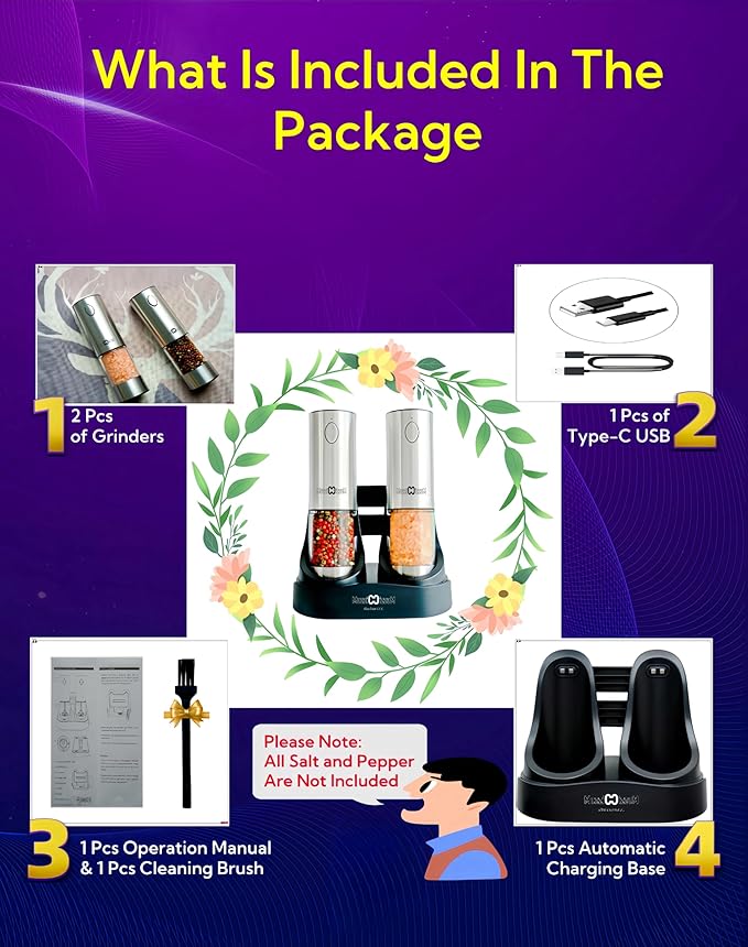 Electric Salt and Pepper Grinder Set with USB Charging Base, Upgraded 95ml Larger Capacity, Adjustable Coarseness,Stainless Steel Automatic Pepper Mill with One-Hand Operation, 2 Pack (Silver+Silver)