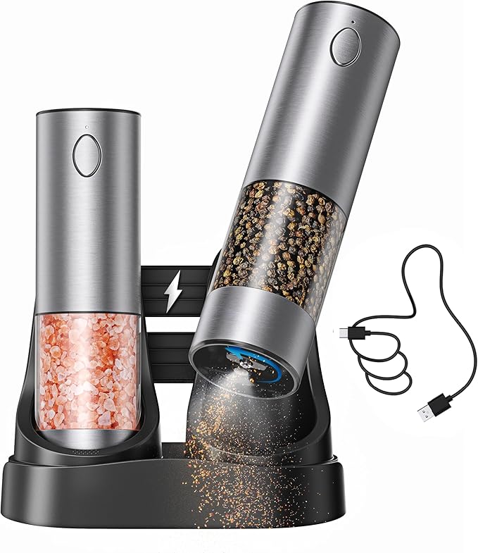 Electric Rechargeable Salt and Pepper Grinder Set - USB-C Charging Base, Large Capacity 100ml, Adjustable Coarseness, Stainless Steel Automatic (2 Pack)