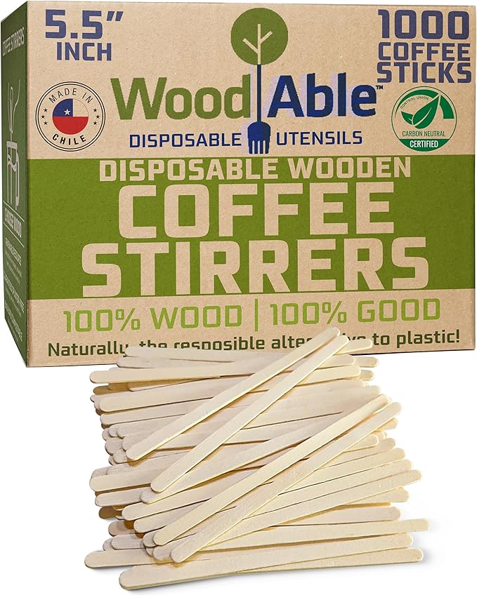 5.5 Inch Wooden Coffee Stirrers, 1000 Count, Disposable & Compostable Wood Coffee Stick Stirrers | Eco-Friendly, Sustainable, Organic, Biodegradable, Vegan-Friendly Coffee Station Supplies