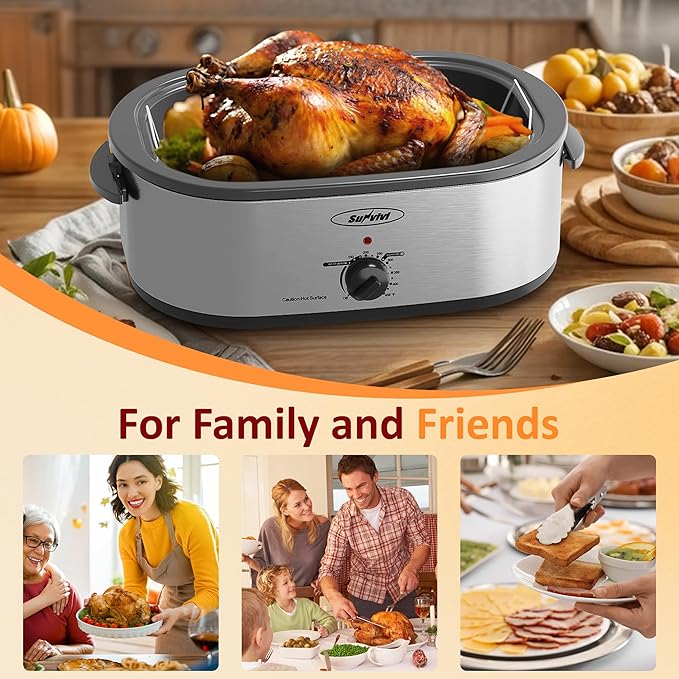 Sunvivi 20-Quart Roaster Oven with Self-Basting Lid, Electric Turkey Roaster Oven with Removable Pan and Rack, Stainless Steel, Sliver