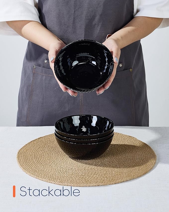 20 OZ Max Black Opal Glass Cereal Bowl Set of 6, Thin Light & Durable 6 inch Dishwasher & Microwave Safe Round Geometric Faceted Bowls for Kitchen, Salad, Soup and Rice