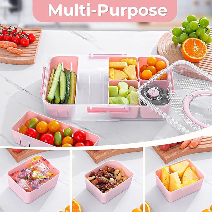 LUXEAR Divided Serving Tray with Lid and Handle Snack Box Charcuterie Container Dishwasher Safe 8 Compartment Snack Platters Portable Organizer for Candy, Snacks, Picnic, Party&Travel(2p pink)