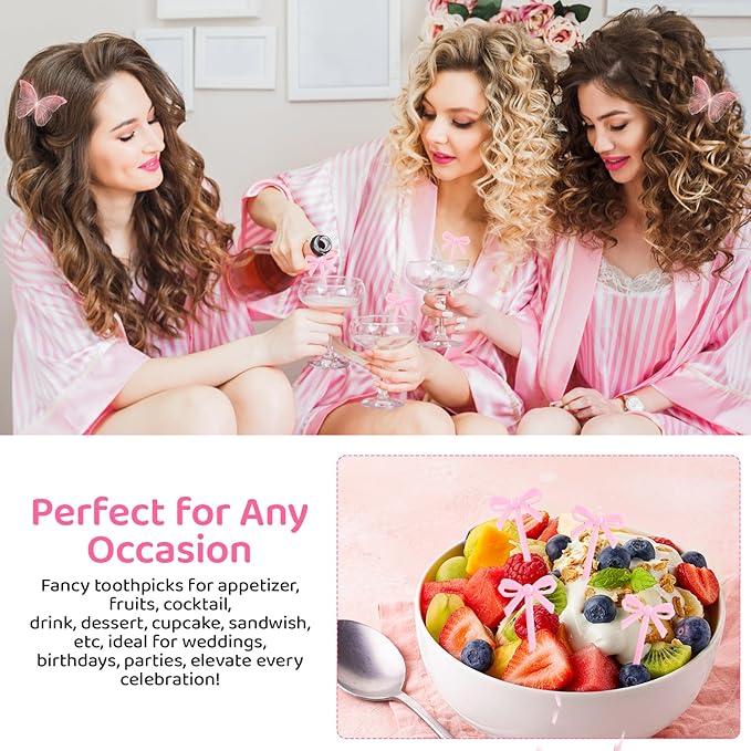 100Pcs Pink Toothpicks Plastic Bow Cocktail Picks Long Fruit Skewers Christmas Bow Drink Stirrers Cupcake Toppers Fancy Toothpick for Appetizers Drinks Wedding Coquette Birthday Bow Party Decorations