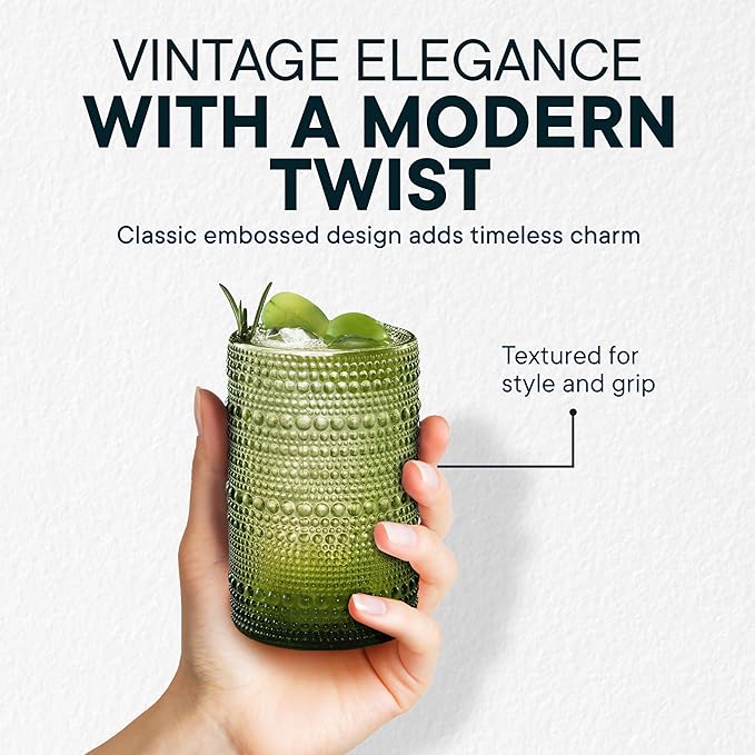 15 OZ Hobnail Drinking Glasses Set of 12 - Vintage Embossed Glassware, Textured Tumblers for Water, Beer, Cocktails & Whiskey – Includes Straws and Coasters – Green