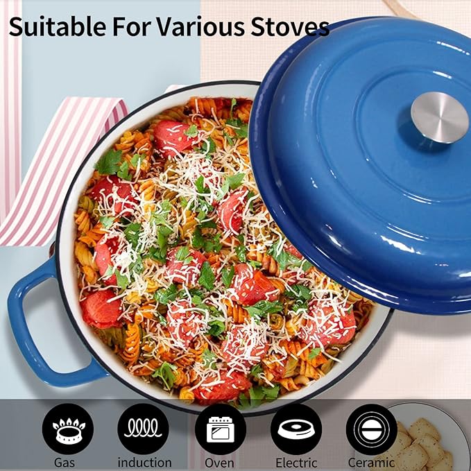 Cast Iron Dutch Oven 3.8 Quart Pot With Lid - Blue Heavy Duty Dual Handles Porcelain Enameled Skillet - Family or Friends Gifts
