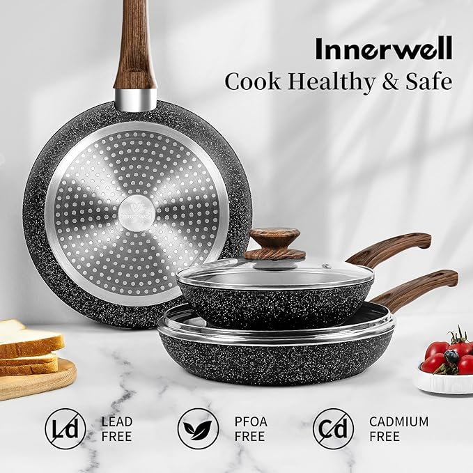 Frying Pan Set With Lids - Non Stick Frying Pans Set 3 Pcs, Nonstick Skillet Pans Set Egg Omelette Pan W/Lid, PFOA Free, Induction Non Toxic Cooking Black Pan Set