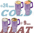 sweet grain 40 oz Tumbler with Handle and Straw, Stainless Steel Purple Leopard Print Tumbler with Handle, Double Vacuum Leopard Cup, Keeps Drinks Cold Up to 24 Hours