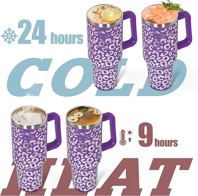 sweet grain 40 oz Tumbler with Handle and Straw, Stainless Steel Purple Leopard Print Tumbler with Handle, Double Vacuum Leopard Cup, Keeps Drinks Cold Up to 24 Hours