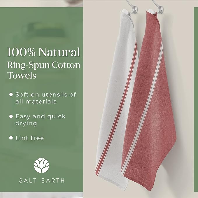 Salt Earth Kitchen Towels Cotton Dish Towel Size 24x14 Inches Set of 4 100% Ring Spun Cotton Absorbent Quick Dry Herringbone Weave Lint Free Washable Dishcloth Hanging Loop Color White & Red Stripe