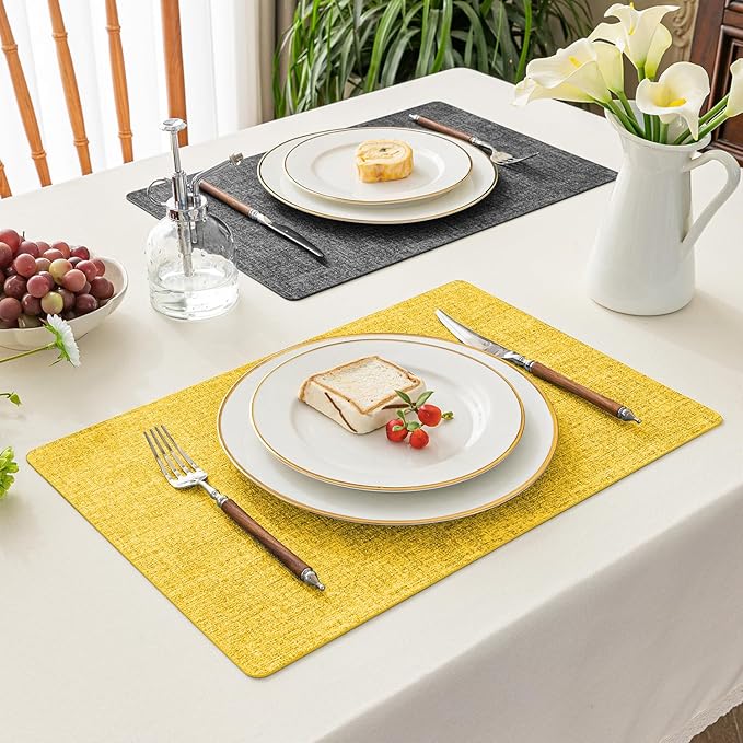 Romanstile Reversible Vinyl Placemats Set of 6, Faux Leather 100% Waterproof Oil-Proof Wipeable Place Mats, Heat Resistant Dual Sided Table Mats for Kitchen/Dining/Party (Grey Yellow, 12 x 17 Inch)