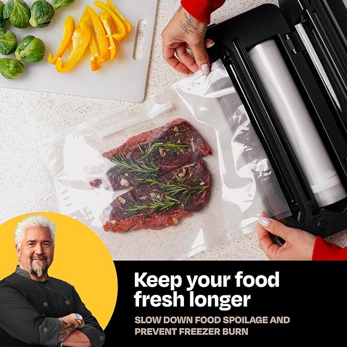 Guy Fieri's Flavortown Compact Vacuum Sealer with Built-In Roll Storage and Dry & Moist Modes - Includes Starter Kit (5) Quart Size Bags, 10ft Roll, and Accessory Hose for Containers and Bottles