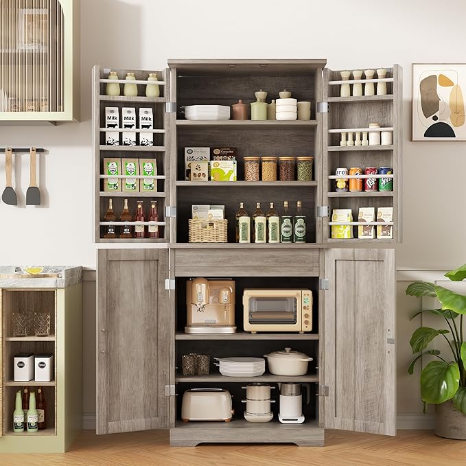 Shintenchi Kitchen Pantry Cabinet, Freestanding Farmhouse Storage Cabinet with 8 Door Shelves, 2 Cabinets and 1 Drawer, Tall Cupboard for Kitchen, Living Room, Dining Room and Bathroom, Ash Gray