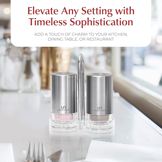 Salt and Pepper Shakers with Holder - Elegant Stainless Steel Salt Shaker and Pepper Shaker Set with Acrylic Holder for Kitchen Counter or Restaurant Table
