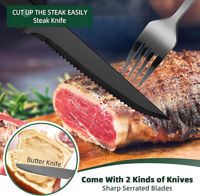 48 Pieces Black Silverware Set with Steak Knives, CEKEE Stainless Steel silverware set for 8, Black Flatware Cutlery Kitchen Utensils Set, Spoons and Forks Set, Mirror Polished & Heavy Duty