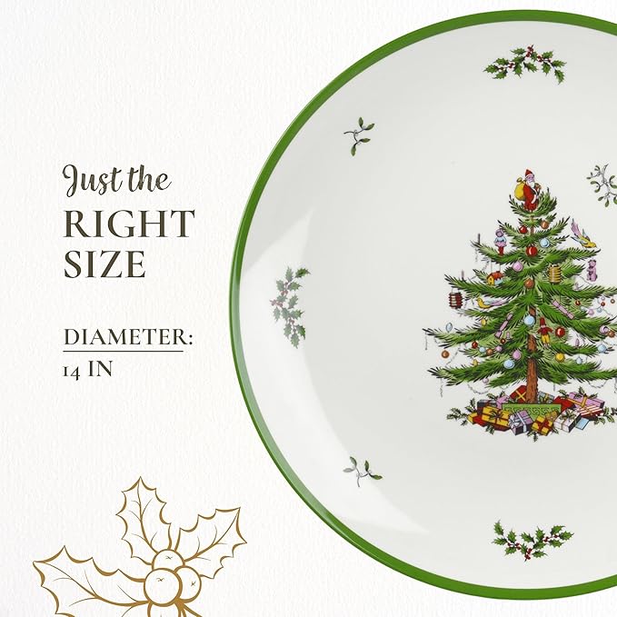 Spode Christmas Tree Melamine Round Platter - 14 Inch Shatterproof Serving Plate for Holiday Meals, Holiday Party - Festive Tableware for Indoor & Outdoor Use, Dishwasher Safe Christmas Dinnerware