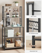VASAGLE Coffee Bar, 31.5 Inches Baker's Rack for Kitchen with Storage, 6-Tier Kitchen Shelves with 6 Hooks, Microwave Stand, Industrial, Greige and Black UKKS019B02