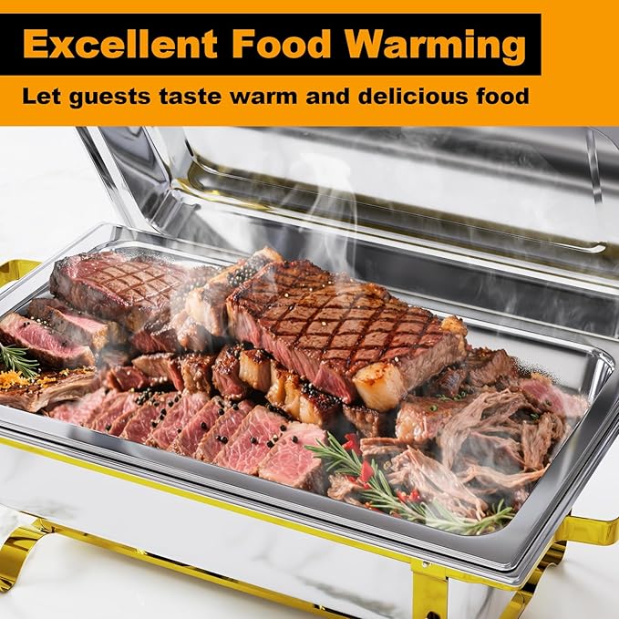 Chafing Dishes for Buffet 4 Pack, 9Qt Chafing Dish Buffet Set with Different Food Pans Combo, Food Warmers for Parties Buffet, Events & Weddings, Gold
