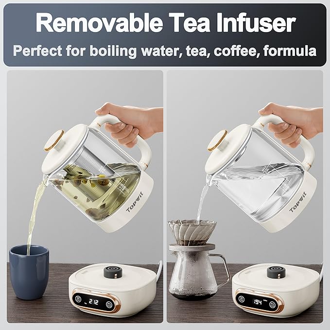 Topwit Electric Tea Kettle, 11 Temperature Control & 4 Presets Glass Kettle with Removable Infuser, 0.8L Electric Kettle for Coffee, Formula, Tea Maker with 8H Keep Warm, Boil-dry Protect, Beige