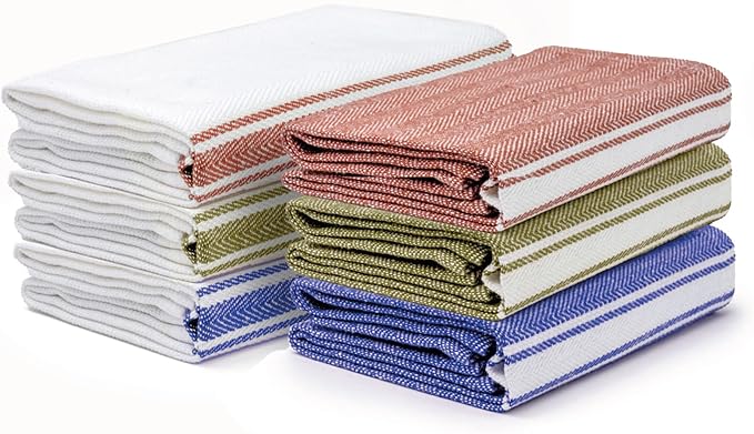 Salt Earth Kitchen Towels Cotton Dish Towel Size 24x14 Inches Set of 6 100% Ring Spun Cotton Absorbent Quick Dry Herringbone Weave Lint Free Washable Dishcloth Hanging Loop Multiple Color Stripe