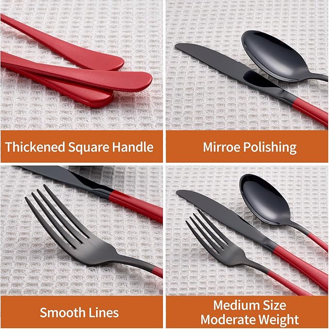 20 Piece Black Red 18/0 Flatware Utensil Set for 4, Include Dinner Knife,Dinner Forks,Dinner Spoons,Salad Forks,Teaspoons,Silverware Set for 4, Dishwasher Safe
