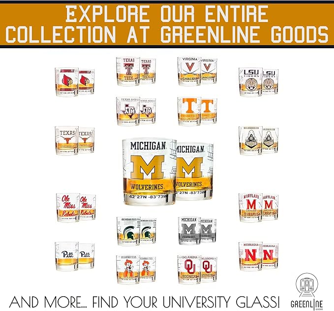 Greenline Goods – University of Michigan Wolverines College Whiskey Glasses (Set of 2), 10 oz – Full‑Color Logo + Campus Map