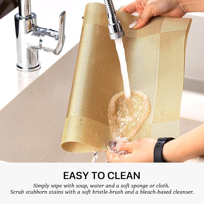 LEXMORE Placemats Set of 8 Vinyl/Plastic Woven Place Mats for Kitchen Table Indoor/Outdoor Washable Placemat Wipeable Dining Table Mats(Gold Cube)