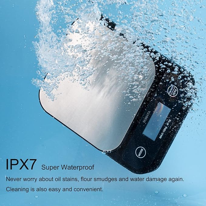 BOMATA IPX7 Waterproof Food Scale, 22lb/10kg, USB Rechargeable, Submersible, Ounces and Grams for Cooking Baking Weight Loss, 0.05oz/1g Precise Graduation, Wide Viewing Angle LCD, Stainless Steel