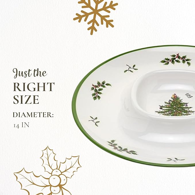 Spode Christmas Tree Melamine Chip and Dip - 14-Inch Serving Platter for Cheese, Appetizers, Chips, Salsa - Durable, Shatterproof, Dishwasher Safe - Ideal for Indoor & Outdoor Holiday Entertaining
