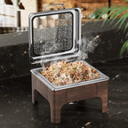 Chafing Dishes for Buffet, 6QT Square Stainless Steel Chafing Dish with Transparent Hydraulic Lid, 304 Food Pan, Buffet Warmer for Parties and Events (Wood Color)