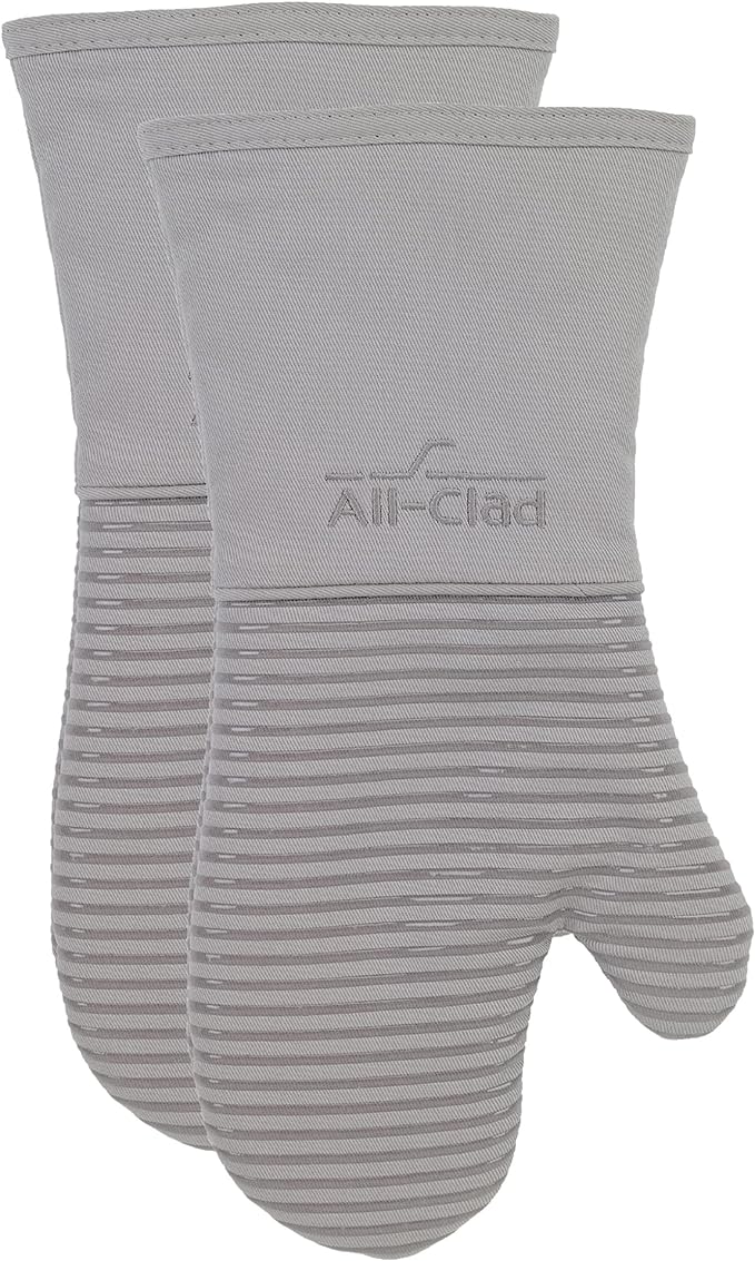 All-Clad Silicone Oven Mitts: Heat Resistant up to 500 Degrees - 100% Cotton & Silicone, 14"x7" Oven Mitt for Kitchen and Barbeque, 2-Pack, Titanium