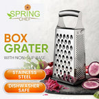 Spring Chef Professional Large Parmesan Cheese Grater, Stainless Steel Metal Box Grater with Handle, 4 Sided Handheld Kitchen Food Shredder for Cheese, Carrot, Veggie, Ginger, Potato - Dishwasher Safe