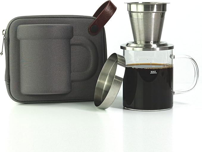 Travel Glass Pour Over Coffee maker Set 4pcs (Gray) | 18/2 Stainless Steel Filter Dripper and Lid | BPA Free Borosilicate Glass Mug | Paperless Drip Coffee Maker Pour Over For Coffee Lovers