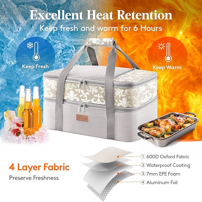 Lifewit Double Decker Casserole Carrier for Hot or Cold Food, Insulated Casserole Baking Dish Bag Food Carrier, Lasagna Holder for Potluck/Parties/Picnic/Cookouts, Fits 9"x13" Baking Dish, Grey