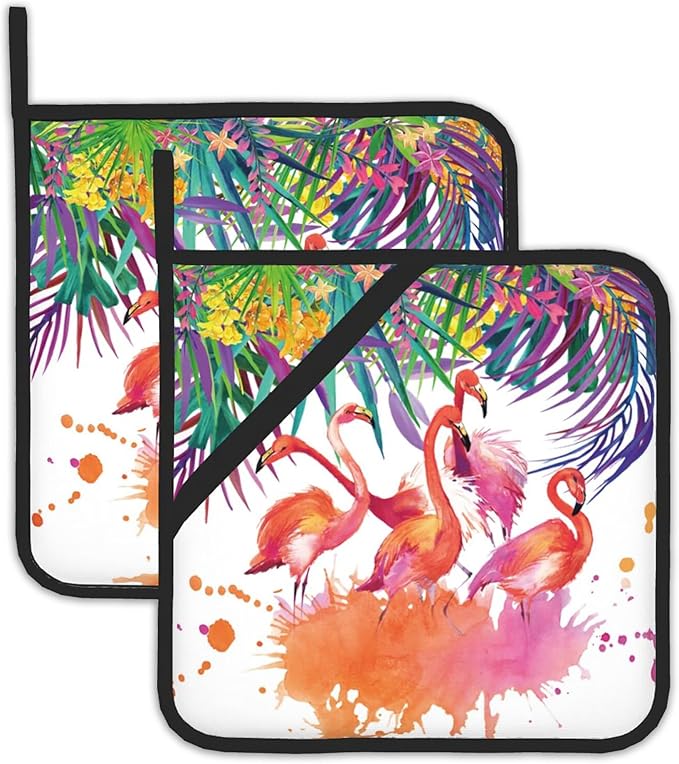 Tropical Palm Pot Holder Set of 2,Flamingo Watercolor Kitchen Heat Resistant Potholder for Women Men BBQ Cooking Baking