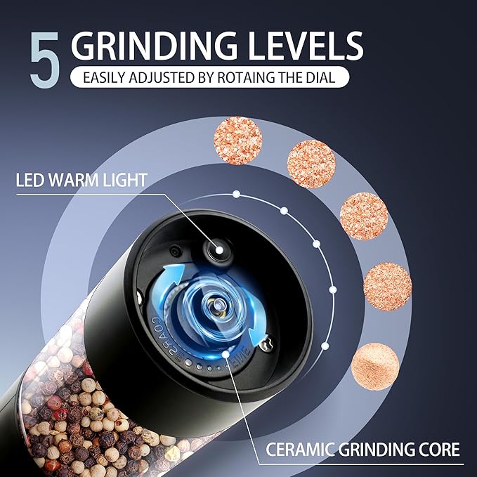 Electric Salt and Pepper Grinder Set, Automatic Mill, Adjustable Coarseness, LED Light - Convenient One-Hand Operation - Perfect for Kitchen and BBQ - Includes Salt and Pepper Shakers (2 Pack)