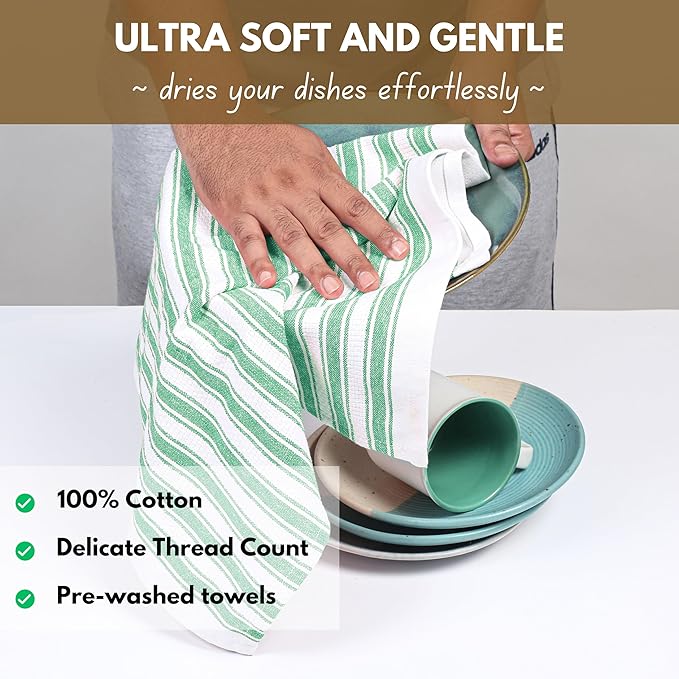 Native Fab Cotton Kitchen Towels - 16x26 inches - Set of 12 - Basket Weave Stripe Dish Towels for Cleaning, Drying Dishes, Absorbent Dish Cloths Set with Hanging Loop - Royal Green