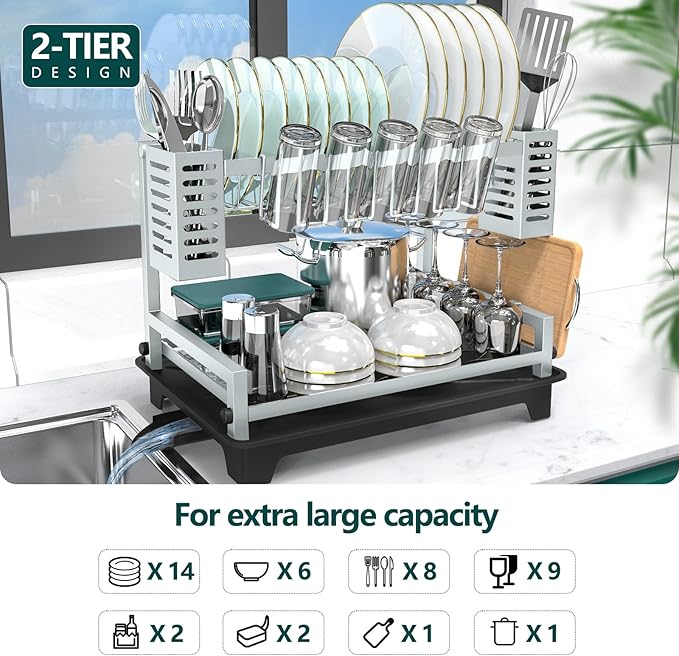 B-Land Dish Drying Rack, 2 Tier Dish Racks for Kitchen Counter, Large Dish Drying Rack with Drainboard & Utensil Holders, Rust-Proof Dish Drainers,Kitchen Organization