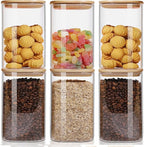 50oz Glass Food Storage Jars Set of 6,Glass Storage Containers Clear Glass Food Canister with Bamboo Lid Airtight For Serving Tea, Coffee, Flour, Sugar, Candy, Cookie, Spice and More (Square)