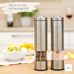 Electric Salt and Pepper Grinder - Battery Operated Stainless Steel Pepper Mill with Light - Automatic One Handed Operation - Electronic Adjustable Shaker - Ceramic Grinder