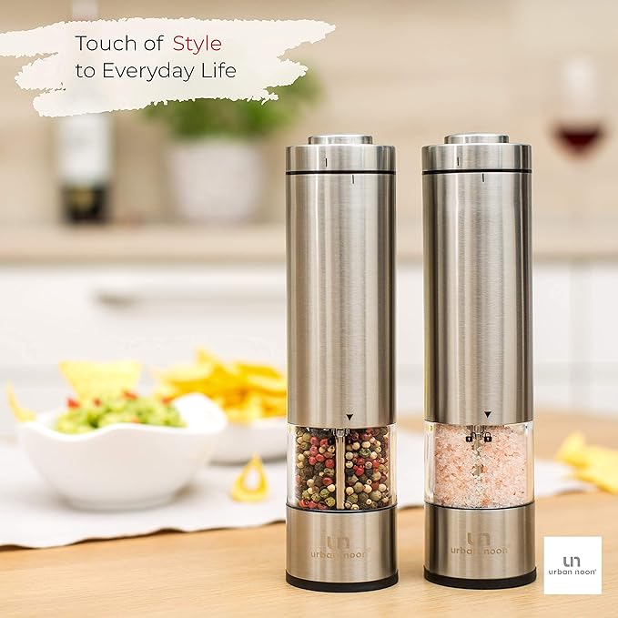 Electric Salt and Pepper Grinder - Battery Operated Stainless Steel Pepper Mill with Light - Automatic One Handed Operation - Electronic Adjustable Shaker - Ceramic Grinder