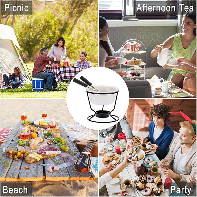 BSTKEY Ceramic Butter Warmer Set, Fondue Pot Melting Pot Set, Melt Hot Pot Round Bowl Set For Cheese Chocolate Butter Caramel, with 2 Dipping Forks