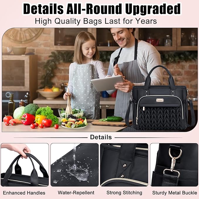 Weitars Insulated Lunch Bag for Women,Leak Proof Lunch Box for Work,Extra Large Lunch Tote Bag With Removable Shoulder Strap with Side Pockets,Reusable Lunch Bag For Picnic Hiking (Black-02)