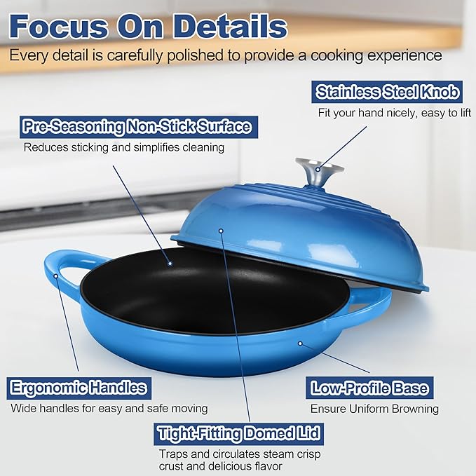 TeamFar Cast Iron Bread Dutch Oven, 6 Qt Enameled Dutch Oven Pot for Sourdough Bread Baking, with Tall Dome Lid & Round Base Pan, Self-Basting & Even-Heating, Heavy-Duty & Non-stick, Blue