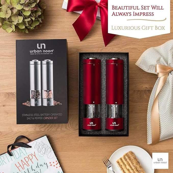 Electric Salt and Pepper Grinder Set - 2 Battery Operated Stainless Steel Mills with Light (Elegant Red Burgundy) - Automatic One Handed Operation - Electronic Adjustable Shakers - Ceramic Grinders