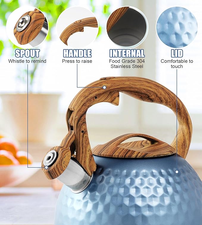 Stainless Steel Tea Kettle Blue, Teapot 3.2 Quart Whistling Tea Kettle, Tea Pots for Stove Top with Wood Pattern Handle, Gas Electric Applicable