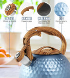 Stainless Steel Tea Kettle Blue, Teapot 3.2 Quart Whistling Tea Kettle, Tea Pots for Stove Top with Wood Pattern Handle, Gas Electric Applicable