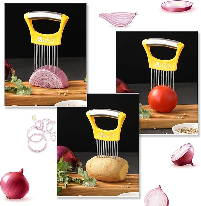 2PCS Onion Slicer Holder, Kaloo Stainless Steel Onion Cutter for Slicing and Storage Onions, Tomato, Vegetable and Eggs, Protective Cover Included, Dishwasher Safe (Stylish Orange+ Yellow Color)