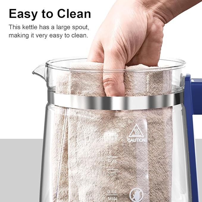 Electric Kettle, 1.5L Borosilicate Glass Hot Water Kettle Electric & Tea Kettle for Coffee or Tea, BPA Free, Auto Shut-Off, Stainless Steel, Blue, 1200w