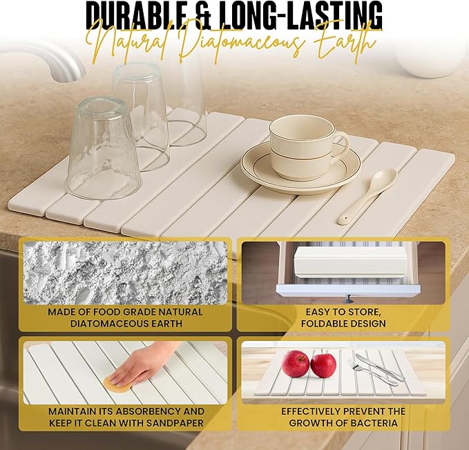 Large Stone Dish Drying Mat for Kitchen Counter, Instant Drying Pad, Super Absorbent Foldable Dish Drying Mat, 24"×16", White